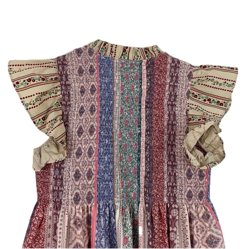 Davi & Dani Boho Patchwork Smocked Babydoll Flutter Sleeve Top Size S - Picture 2 of 9